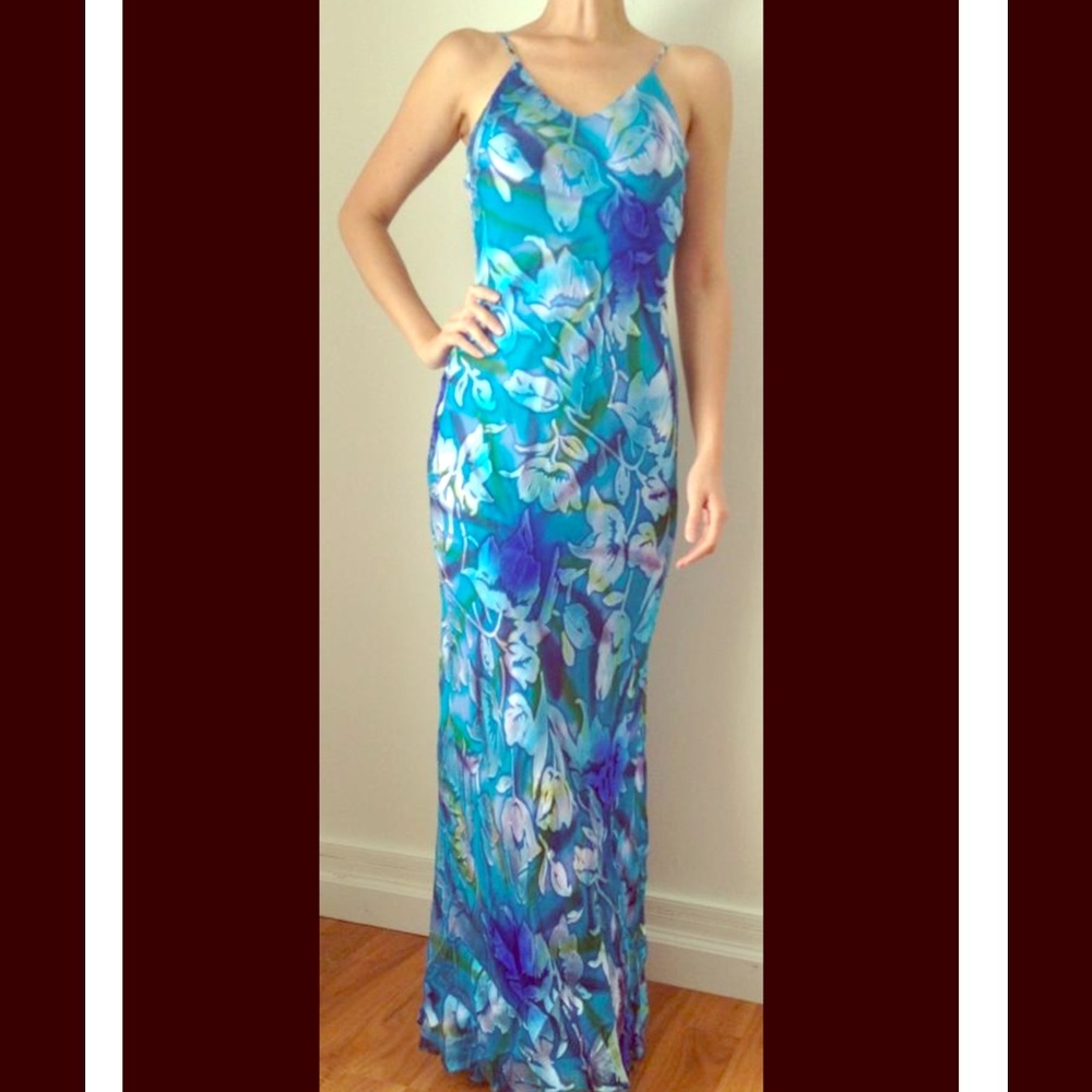 Blue floral 100% silk satin dress